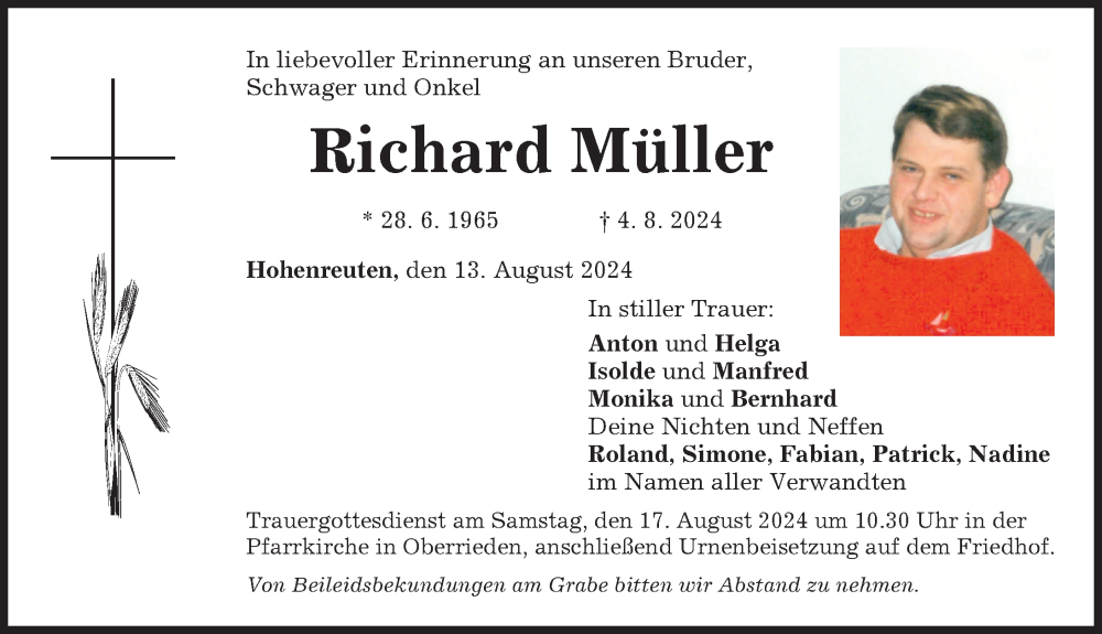 Traueranzeige von Richard Müller von Mindelheimer Zeitung