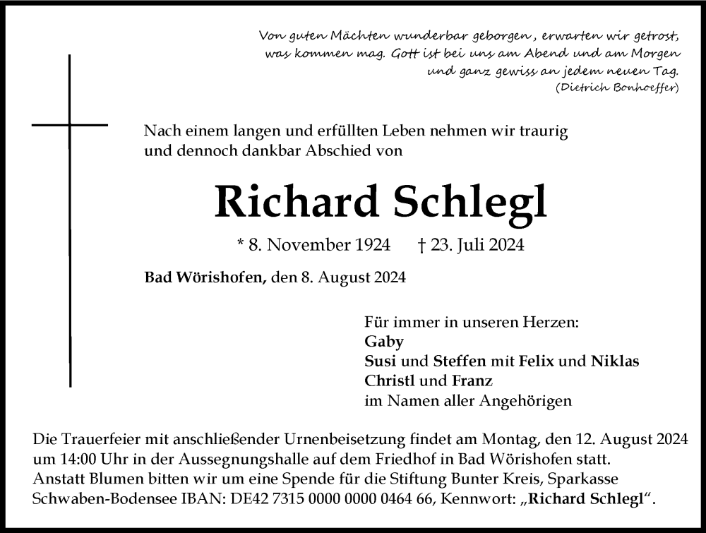 Traueranzeige von Richard Schlegl von Mindelheimer Zeitung