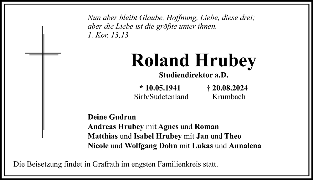 Traueranzeige von Roland Hrubey von Mittelschwäbische Nachrichten