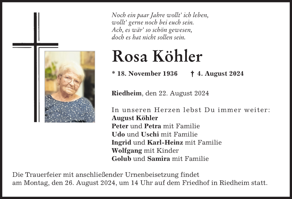 Traueranzeige von Rosa Köhler von Günzburger Zeitung