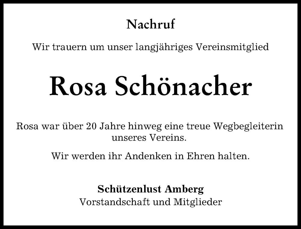 Traueranzeige von Rosa Schönacher von Mindelheimer Zeitung