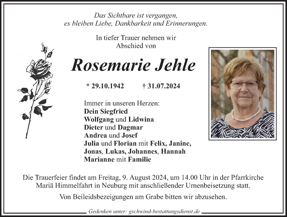 Traueranzeige von Rosemarie Jehle von Mittelschwäbische Nachrichten