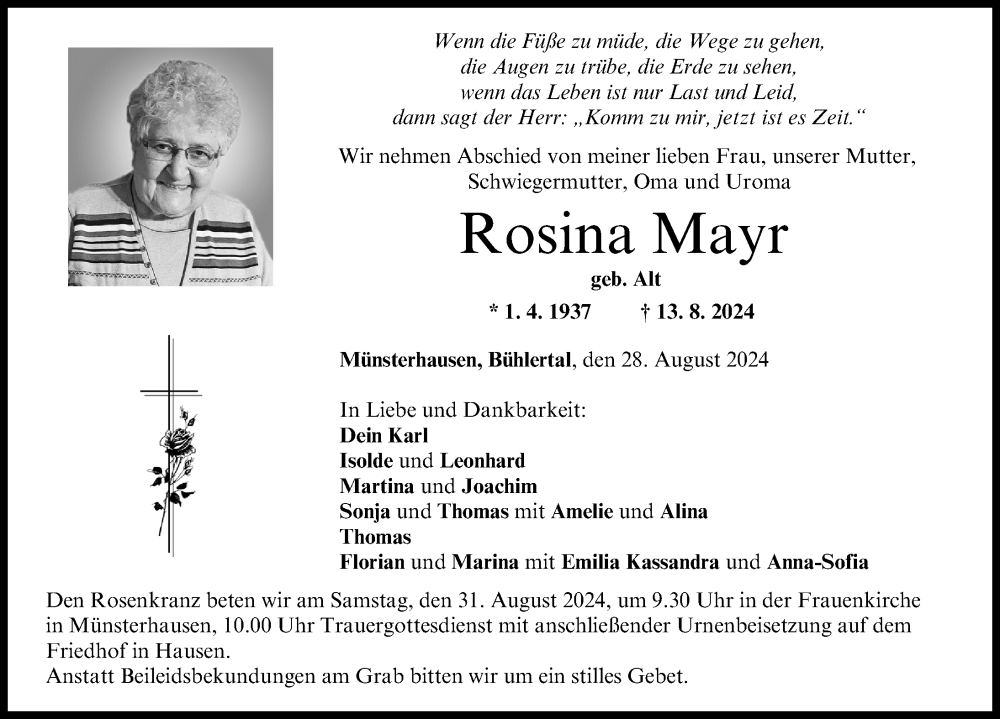  Traueranzeige für Rosina Mayr vom 28.08.2024 aus Mittelschwäbische Nachrichten