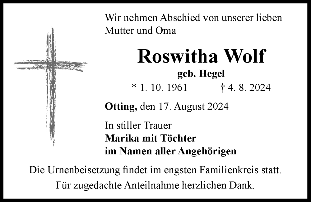 Traueranzeige von Roswitha Wolf von Donauwörther Zeitung