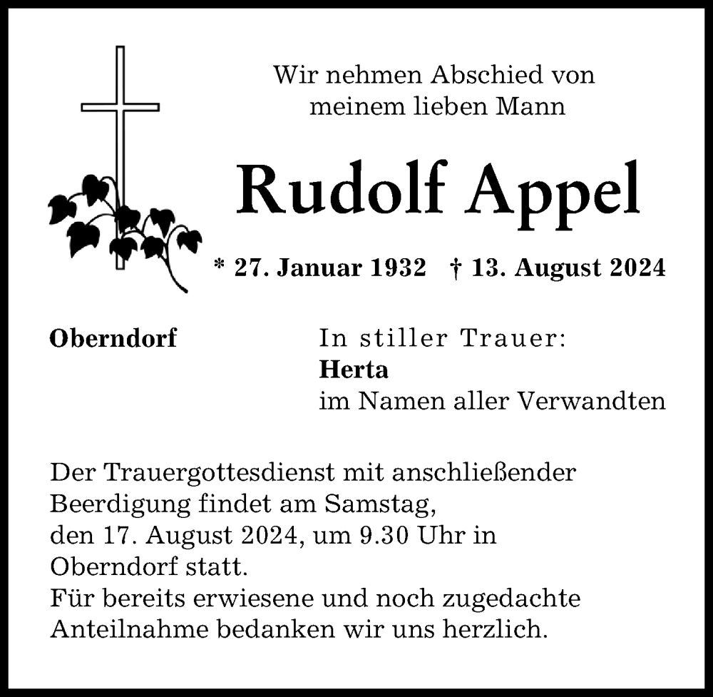 Traueranzeige von Rudolf Appel von Donauwörther Zeitung