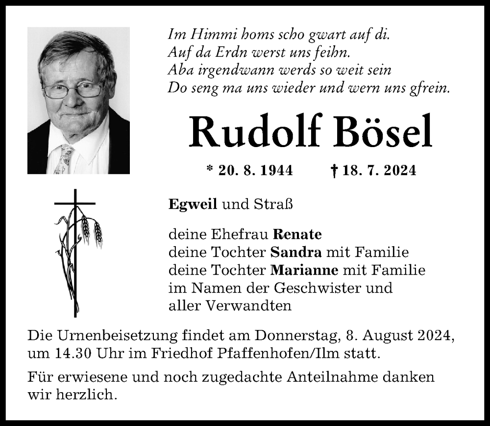 Traueranzeige von Rudolf Bösel von Neuburger Rundschau