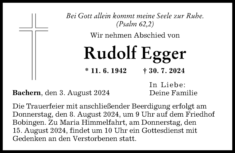 Traueranzeige von Rudolf Egger von Friedberger Allgemeine