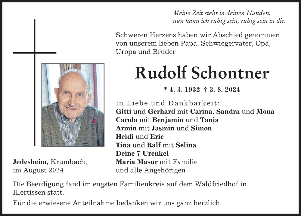 Traueranzeige von Rudolf Schontner von Mittelschwäbische Nachrichten, Illertisser Zeitung