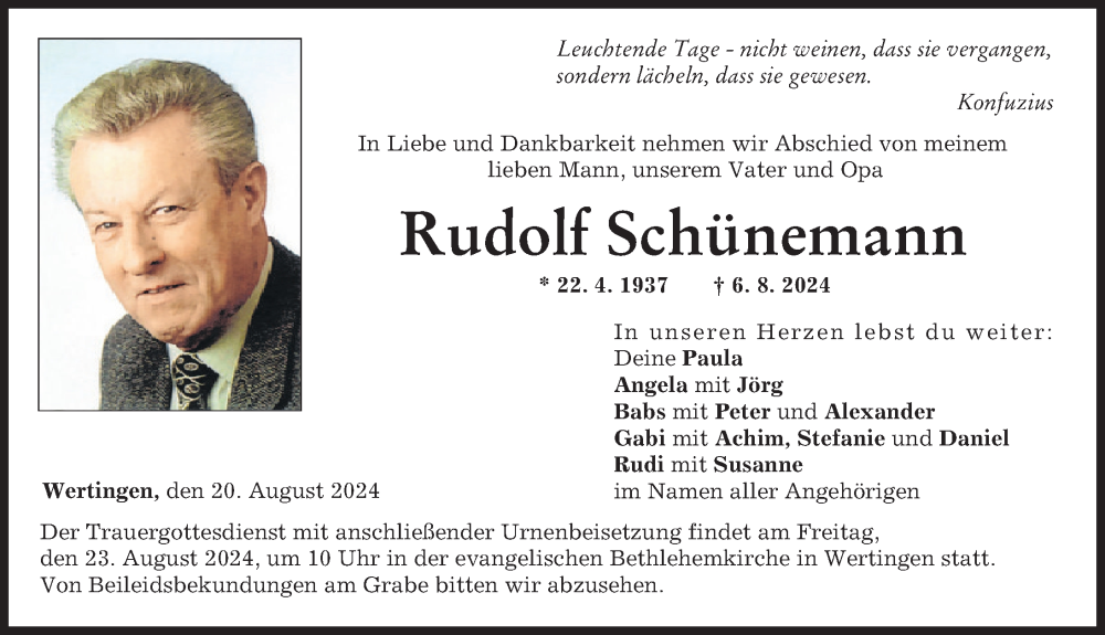 Traueranzeige von Rudolf Schünemann von Wertinger Zeitung