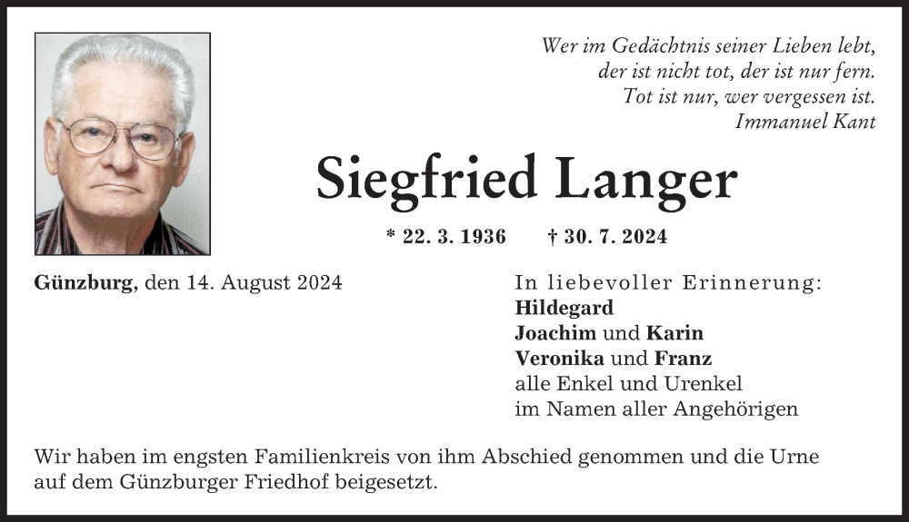 Traueranzeige von Siegfried Langer von Günzburger Zeitung