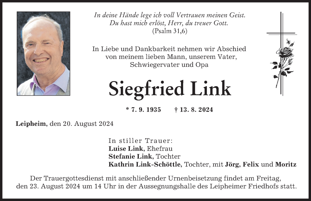 Traueranzeige von Siegfried Link von Günzburger Zeitung