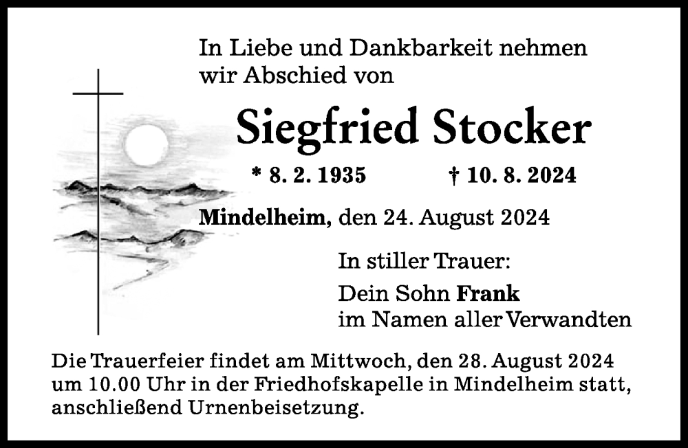 Traueranzeige von Siegfried Stocker von Mindelheimer Zeitung