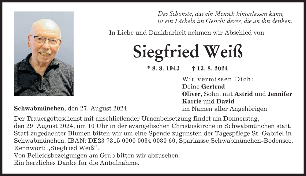 Traueranzeige von Siegfried Weiß von Schwabmünchner Allgemeine