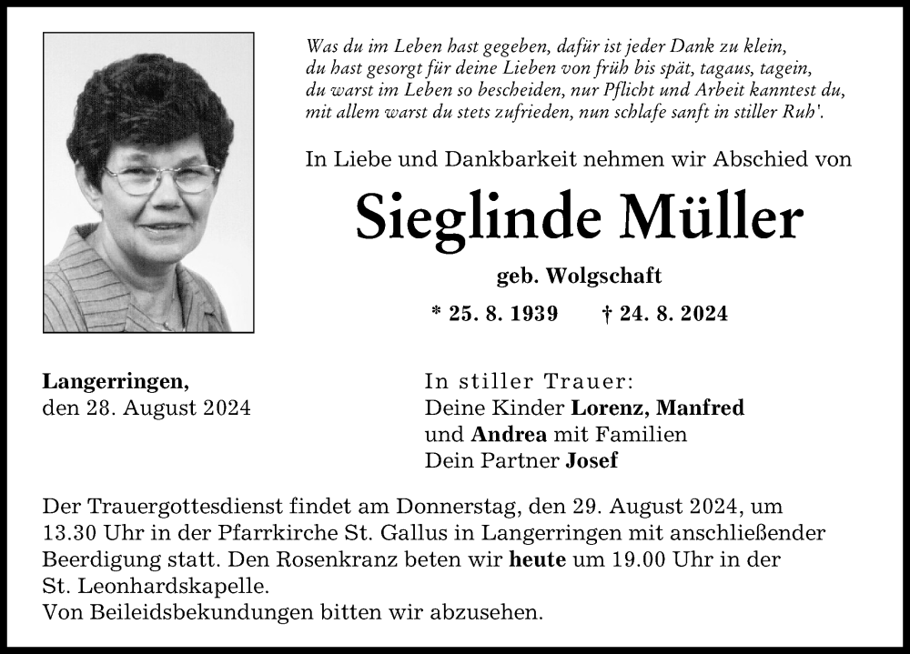 Traueranzeige von Sieglinde Müller von Schwabmünchner Allgemeine