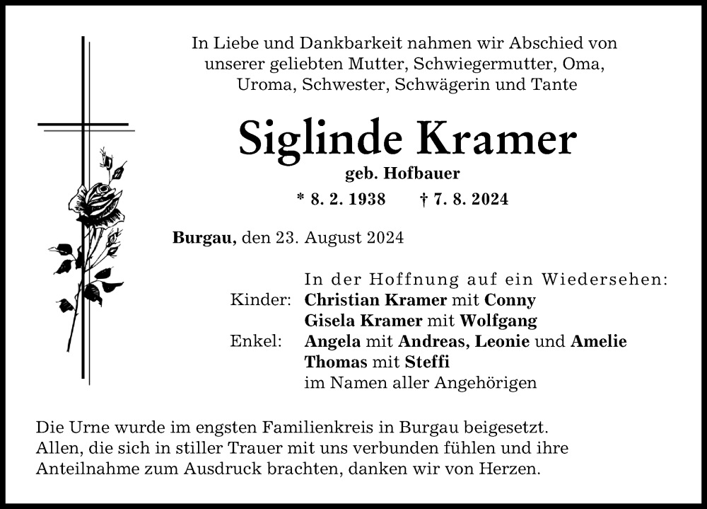 Traueranzeige von Siglinde Kramer von Günzburger Zeitung