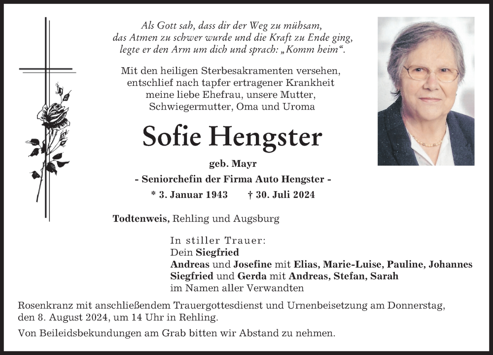 Traueranzeige von Sofie Hengster von Aichacher Nachrichten