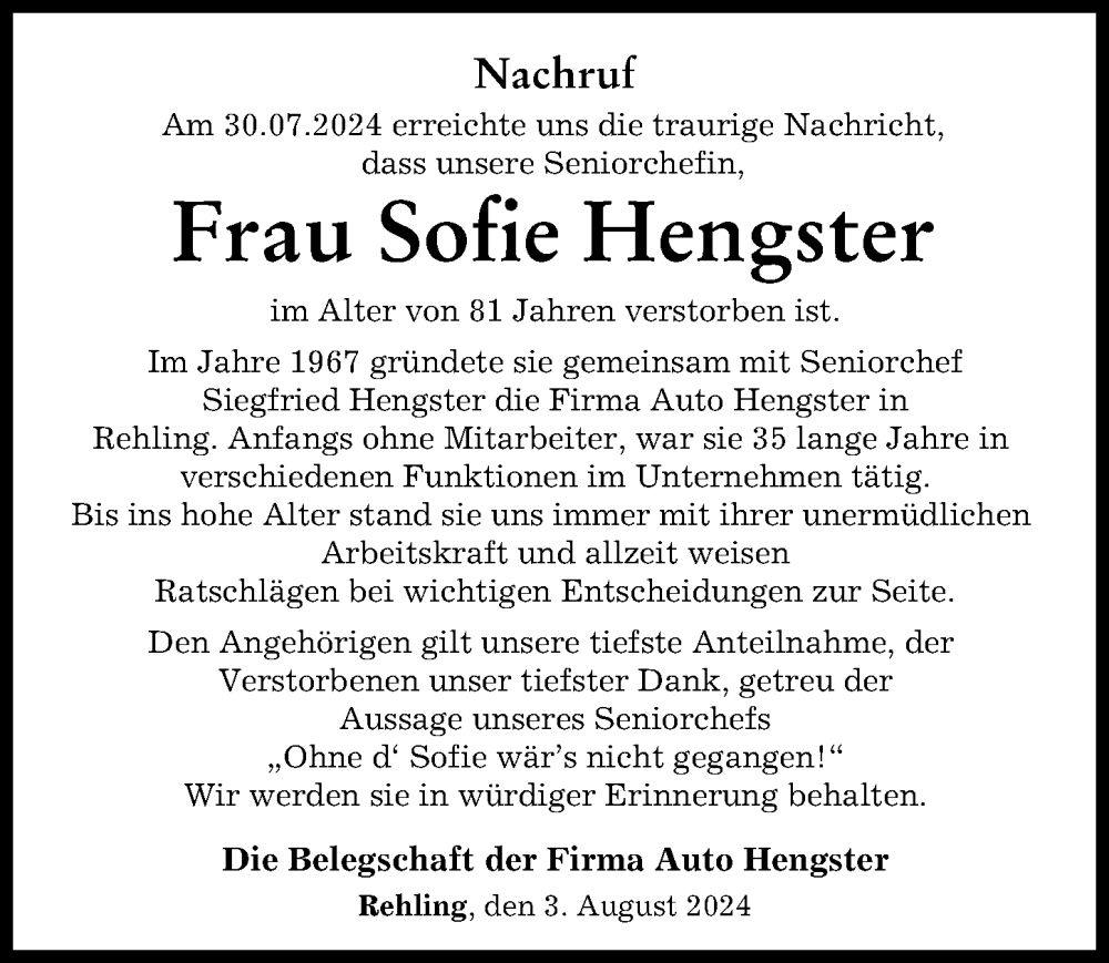 Traueranzeige von Sofie Hengster von Aichacher Nachrichten