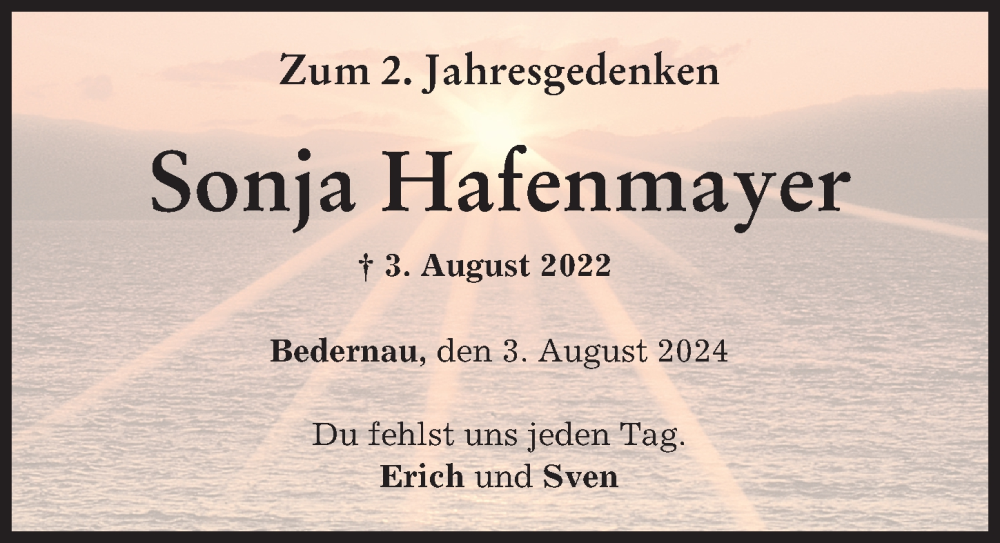  Traueranzeige für Sonja Hafenmayer vom 03.08.2024 aus Mindelheimer Zeitung