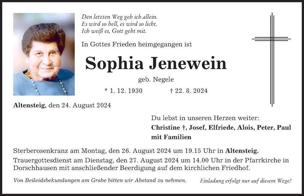 Traueranzeige von Sophia Jenewein von Mindelheimer Zeitung