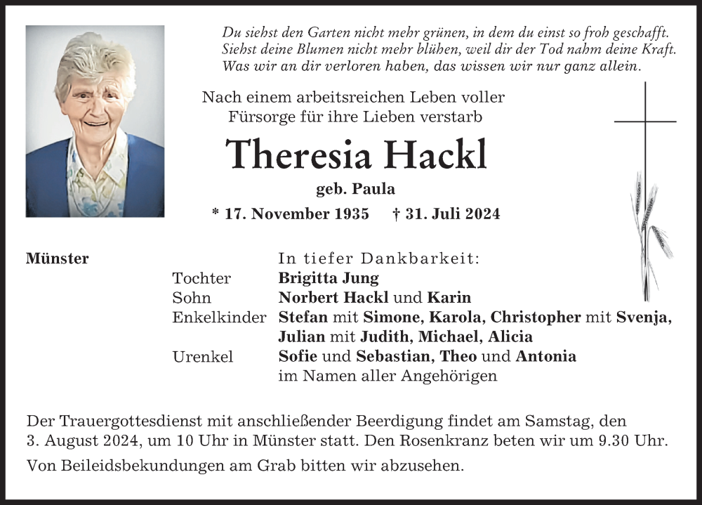 Traueranzeige von Theresia Hackl von Donauwörther Zeitung