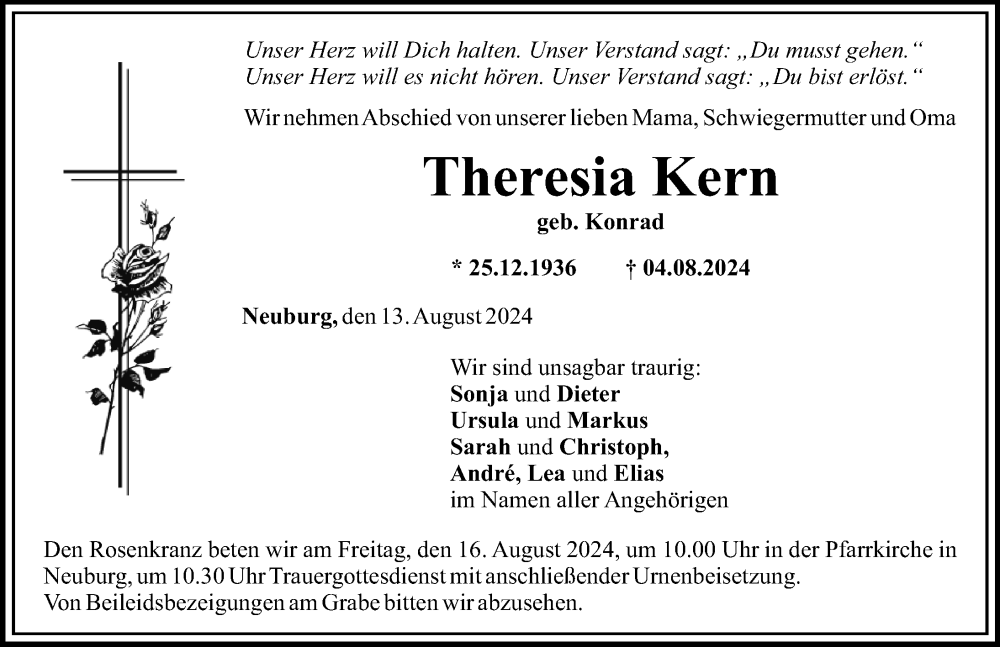 Traueranzeige von Theresia Kern von Mittelschwäbische Nachrichten