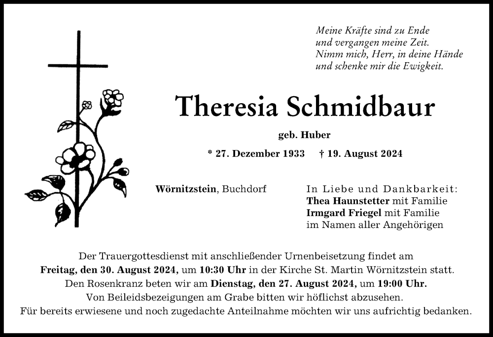 Traueranzeige von Theresia Schmidbaur von Donauwörther Zeitung