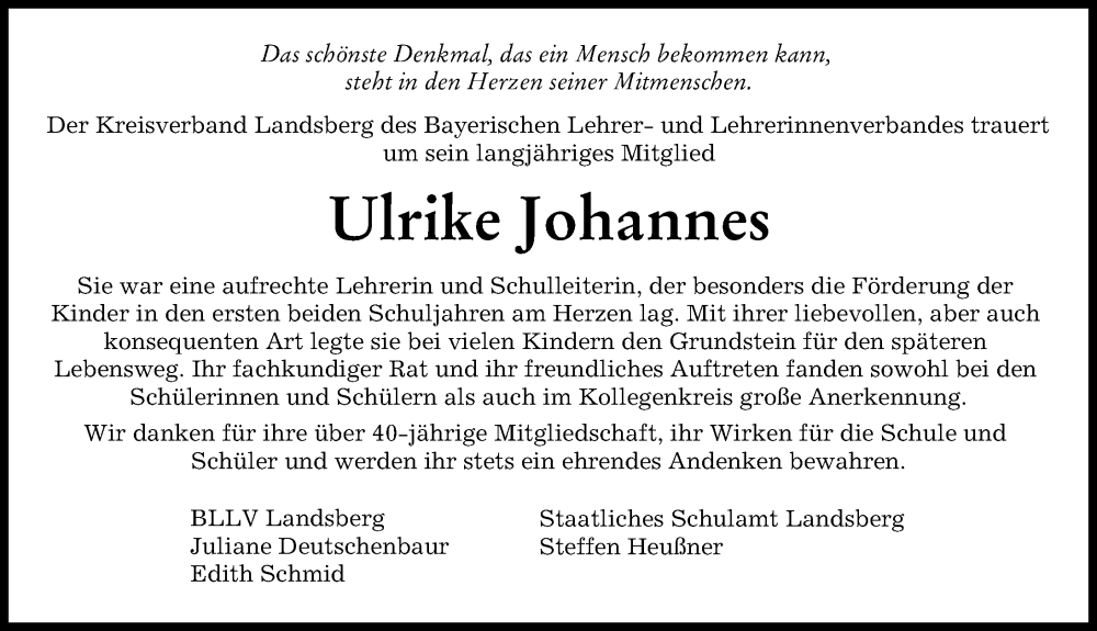 Traueranzeige von Ulrike Johannes von Landsberger Tagblatt