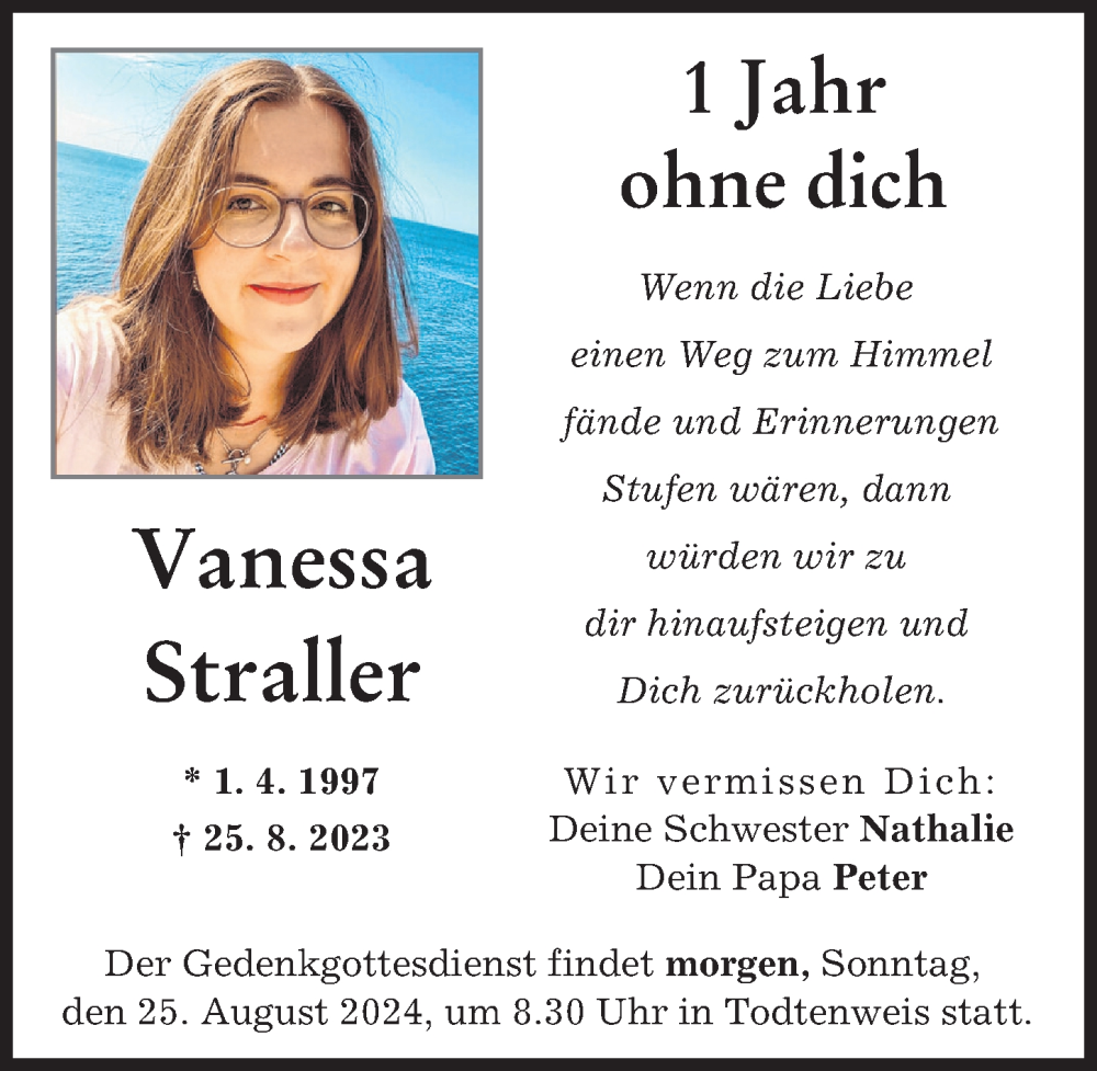 Traueranzeige von Vanessa Straller von Aichacher Nachrichten