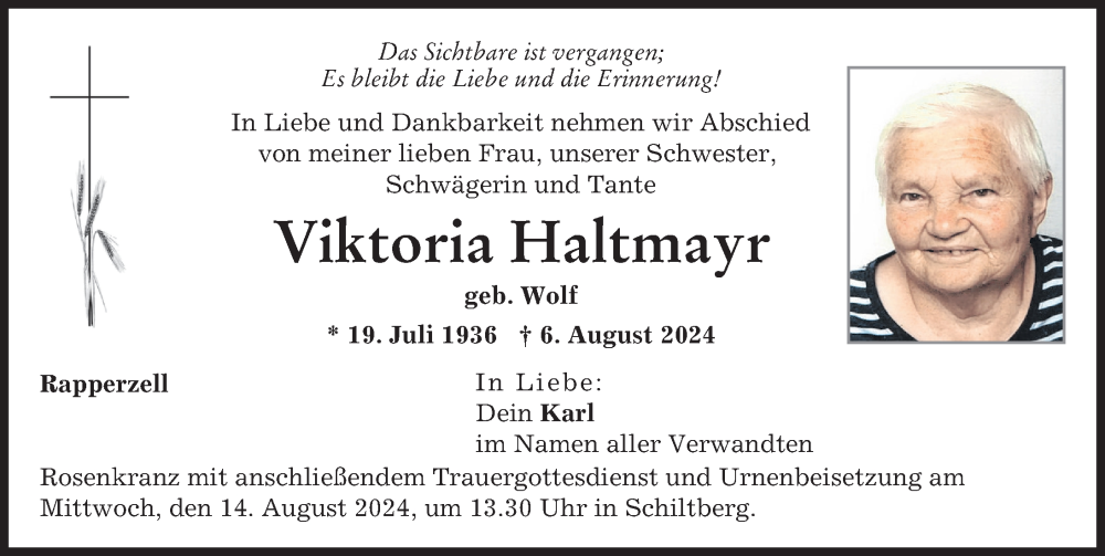 Traueranzeige von Viktoria Haltmayr von Aichacher Nachrichten