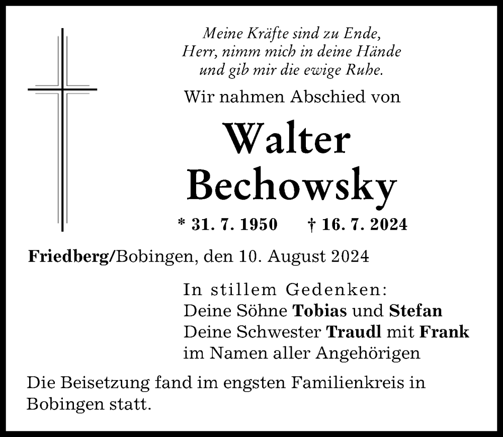 Traueranzeige von Walter Bechowsky von Friedberger Allgemeine, Schwabmünchner Allgemeine