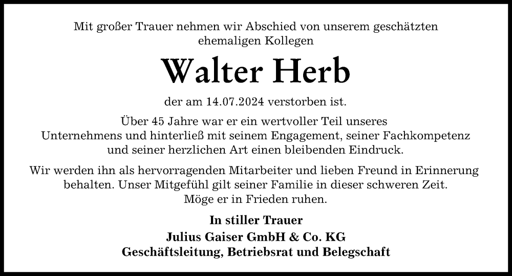 Traueranzeige von Walter Herb von Neu-Ulmer Zeitung