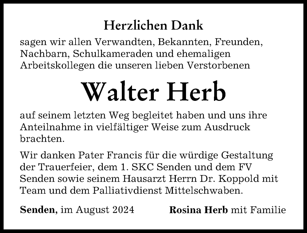 Traueranzeige von Walter Herb von Neu-Ulmer Zeitung