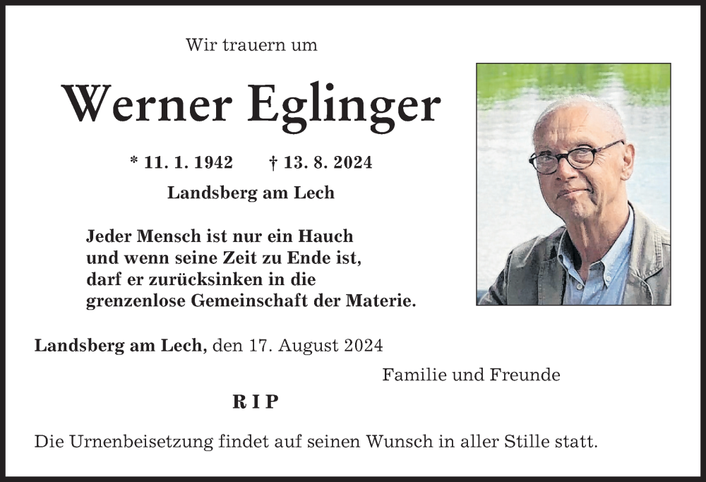  Traueranzeige für Werner Eglinger vom 17.08.2024 aus Landsberger Tagblatt