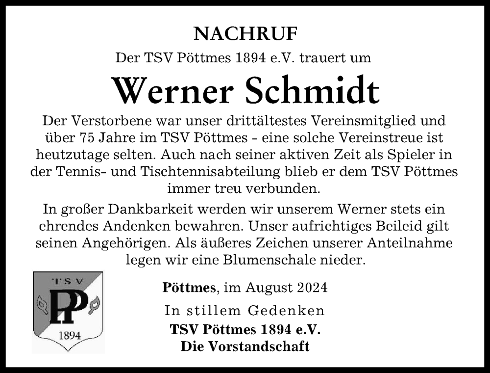 Traueranzeige von Werner Schmidt von Aichacher Nachrichten