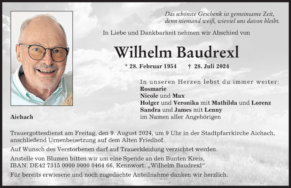 Traueranzeige von Wilhelm Baudrexl von Aichacher Nachrichten