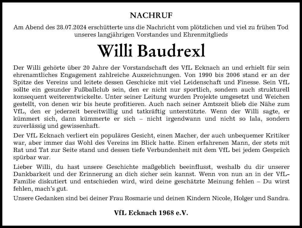 Traueranzeige von Willi Baudrexl von Aichacher Nachrichten