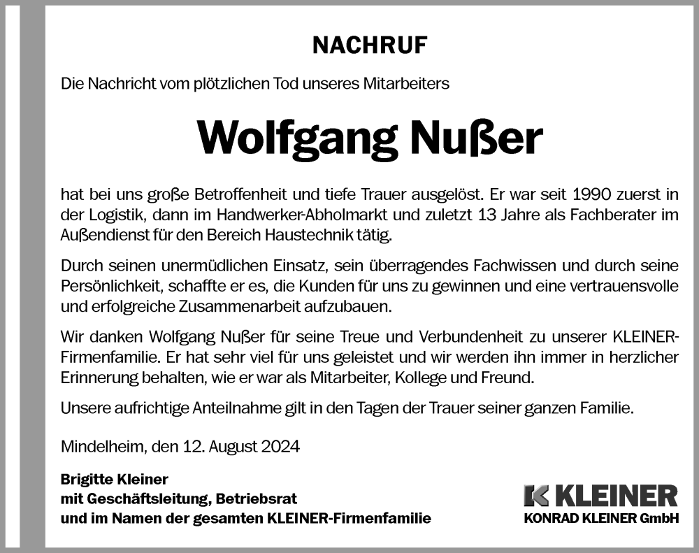  Traueranzeige für Wolfgang Nußer vom 12.08.2024 aus Mindelheimer Zeitung