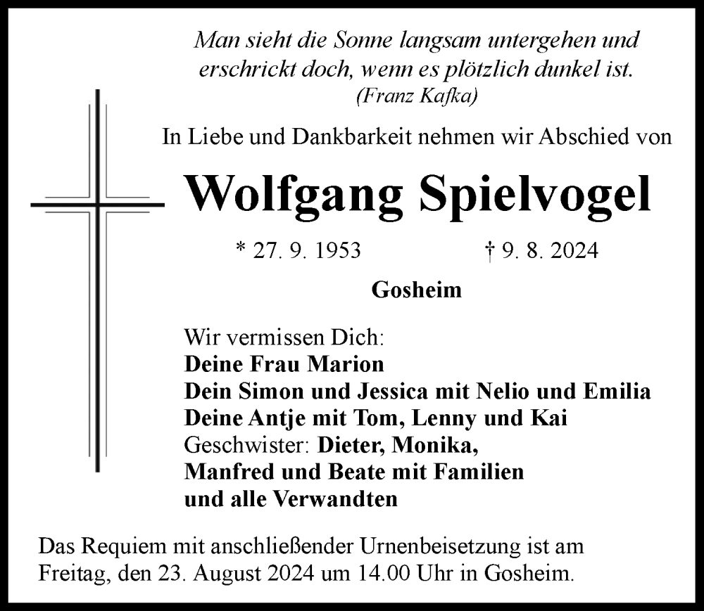 Traueranzeige von Wolfgang Spielvogel von Donauwörther Zeitung, Rieser Nachrichten