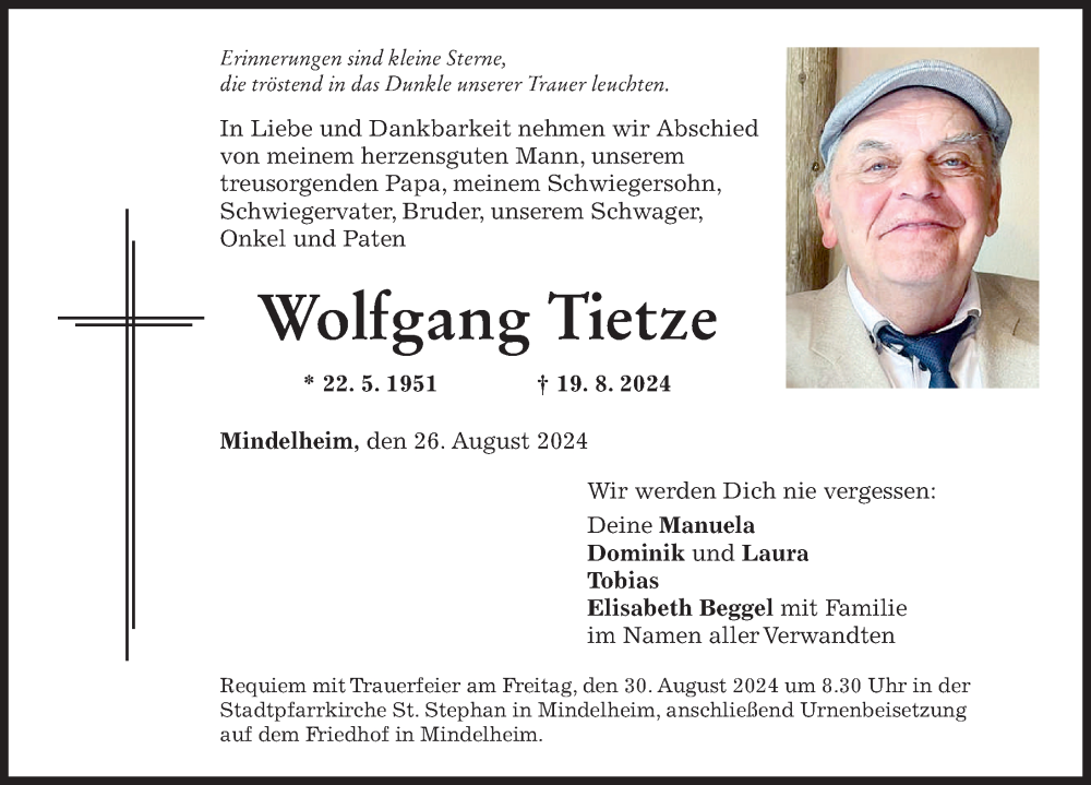 Traueranzeige von Wolfgang Tietze von Mindelheimer Zeitung