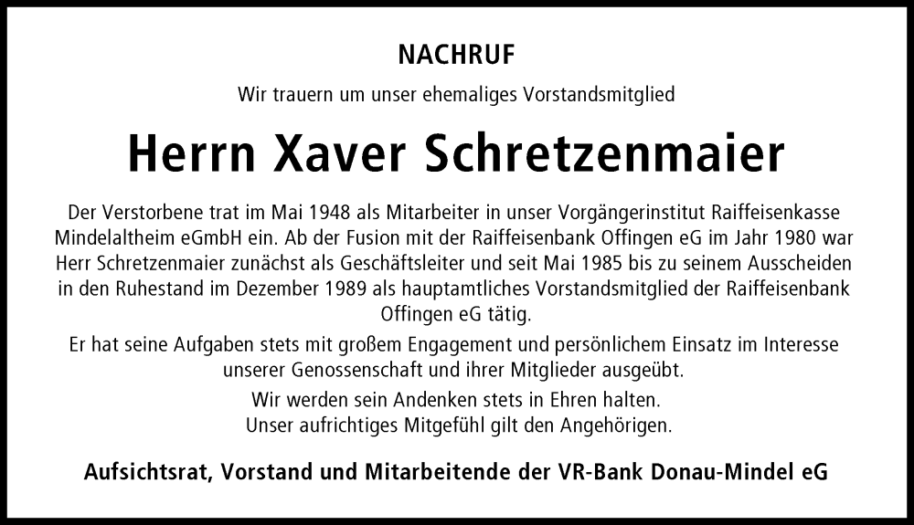 Traueranzeige von Xaver Schretzenmaier von Günzburger Zeitung