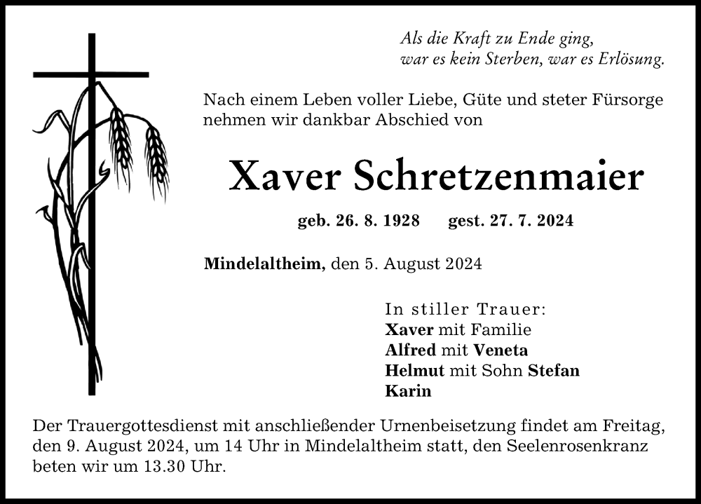 Traueranzeige von Xaver Schretzenmaier von Günzburger Zeitung