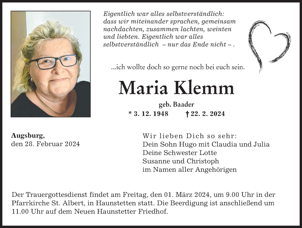 Traueranzeige von Maria  Klemm von Augsburger Allgemeine