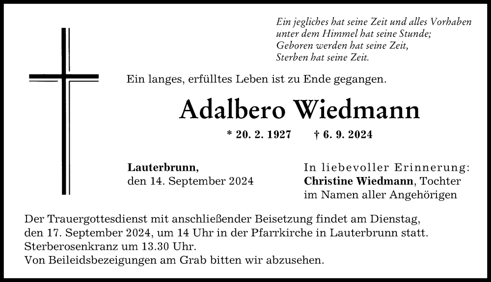 Traueranzeige von Adalbero Wiedmann von Wertinger Zeitung, Augsburg-Land