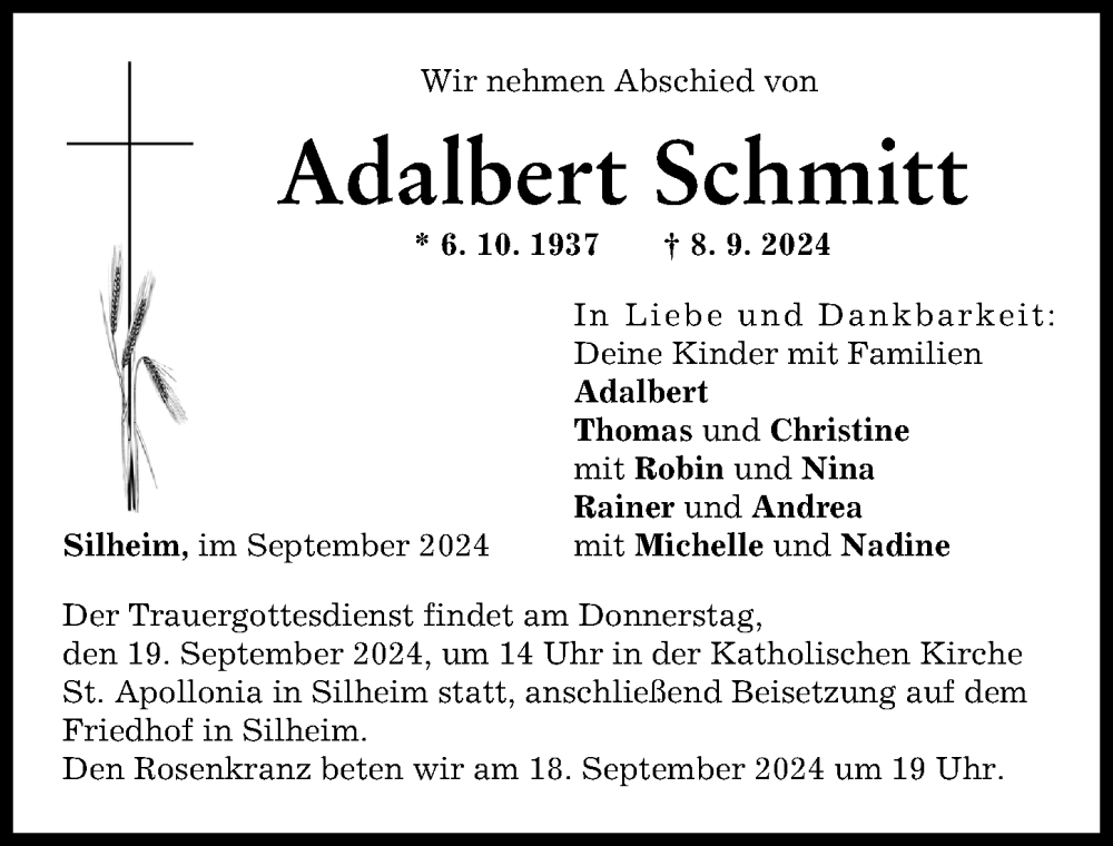 Traueranzeige von Adalbert Schmitt von Günzburger Zeitung