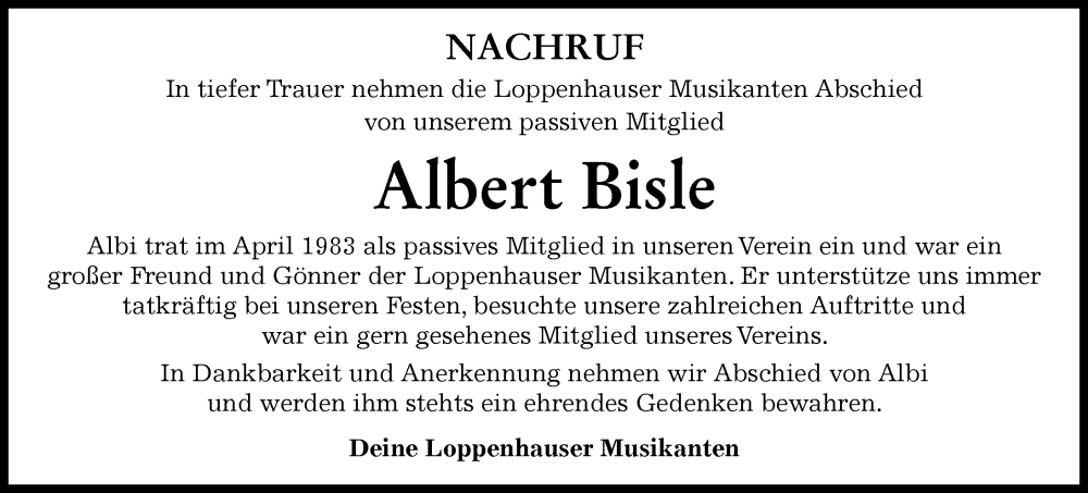 Traueranzeige von Albert Bisle von Mindelheimer Zeitung