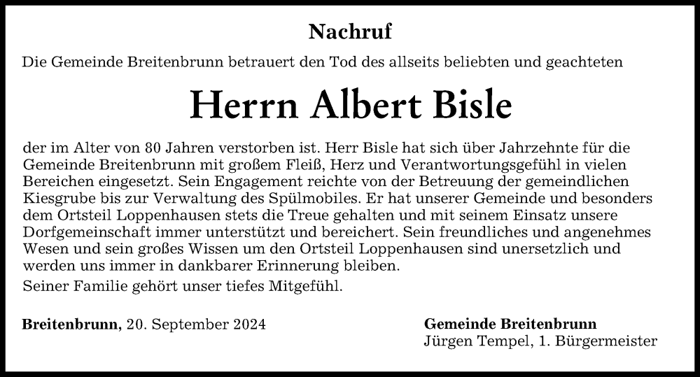 Traueranzeige von Albert Bisle von Mindelheimer Zeitung