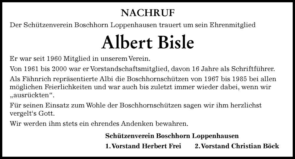 Traueranzeige von Albert Bisle von Mindelheimer Zeitung