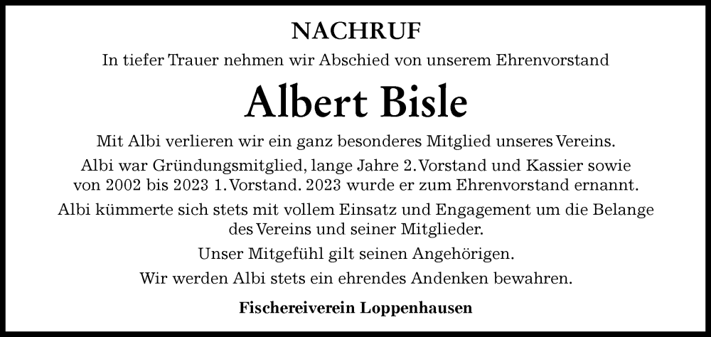 Traueranzeige von Albert Bisle von Mindelheimer Zeitung