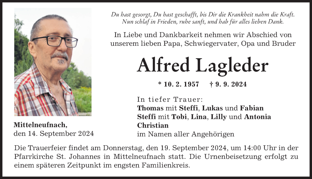 Traueranzeige von Alfred Lagleder von Schwabmünchner Allgemeine