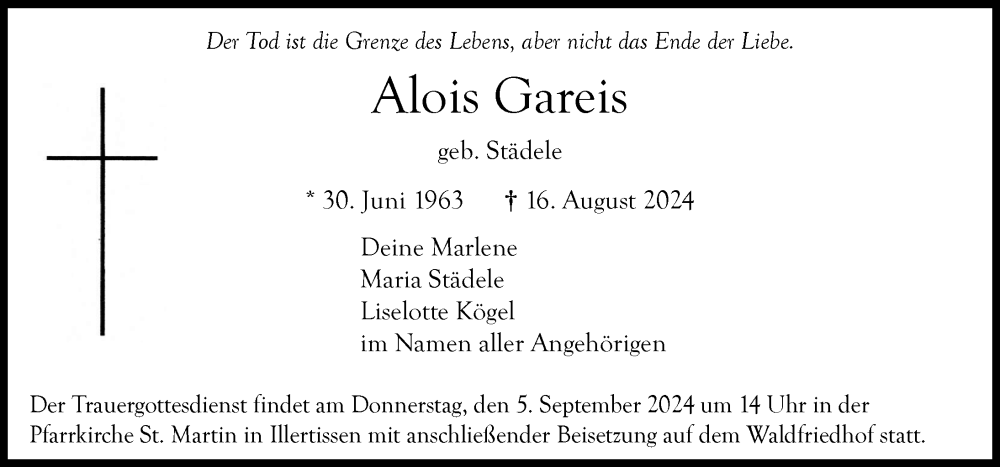  Traueranzeige für Alois Gareis vom 02.09.2024 aus Illertisser Zeitung